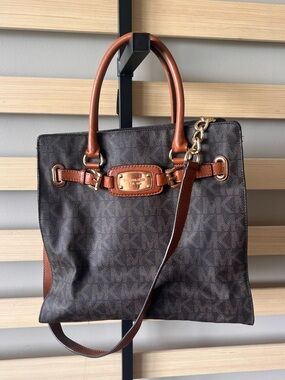 Michael Kors Brown MK Logo Messenger with Tan Leather Trim and Gold Hardware